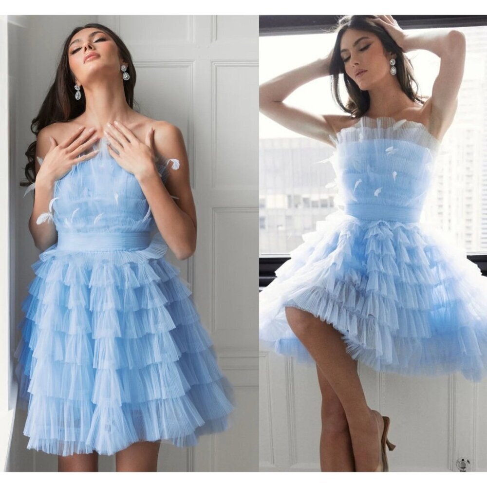 Mac Duggal Baby Blue Tiered Tulle Mini Dress
